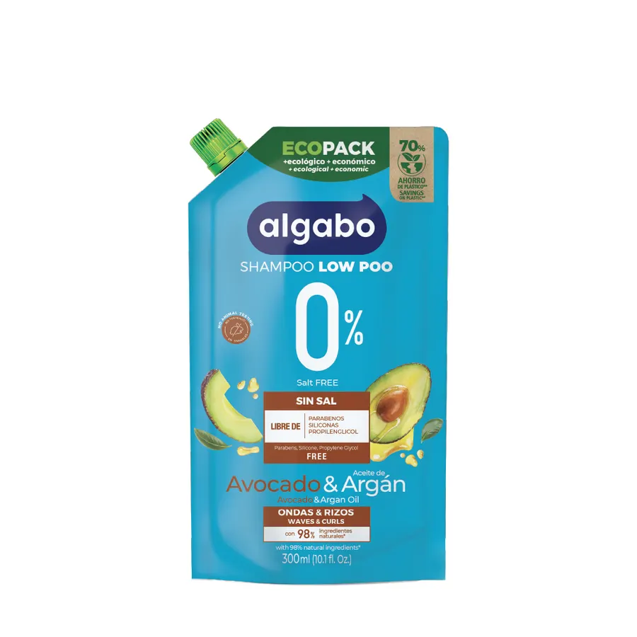 Algabo - Sin Sal x300 ml Shampoo Avocado y Aceite de Argan Ondas y Rizos